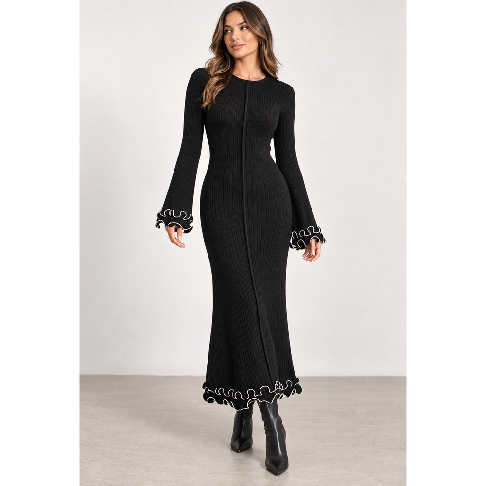 Commense Semi-Sheer Black Knit Maxi Dress Ruffle Trim Long Sleeve Elegant M